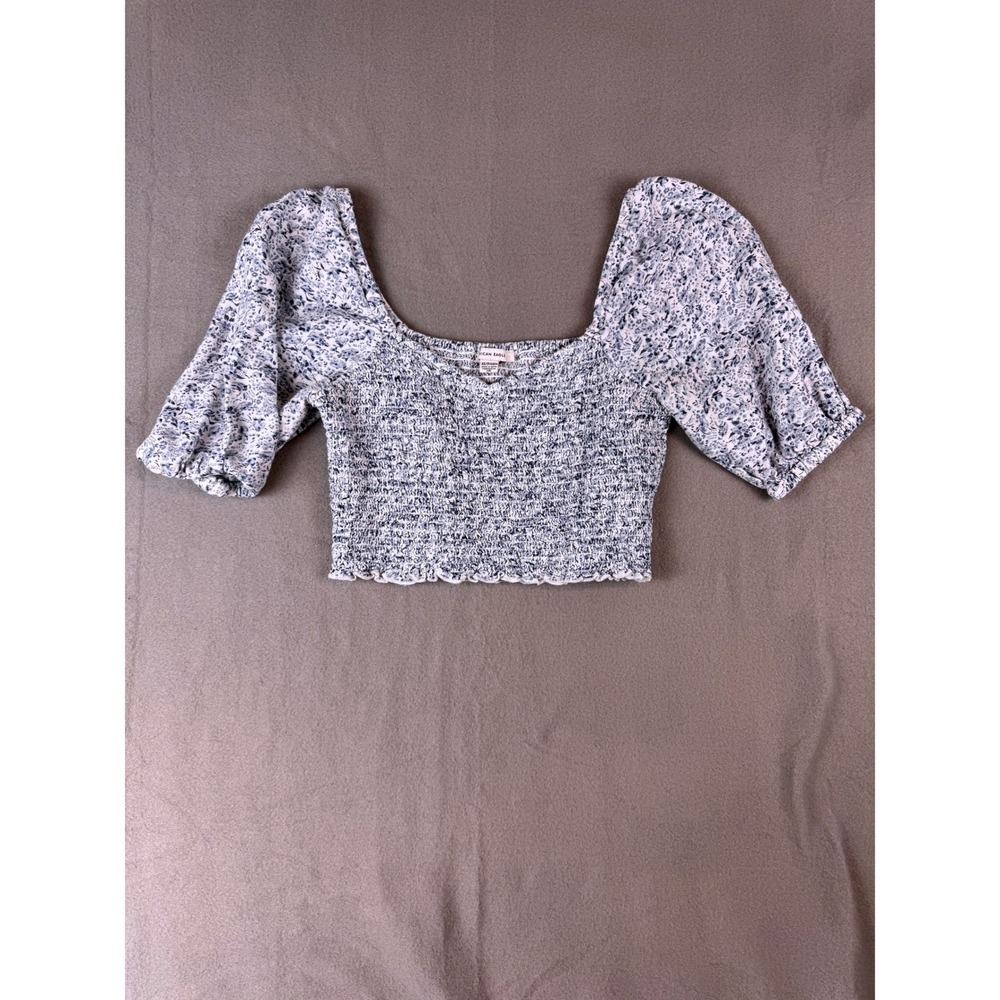 American Eagle Smocked Floral Puff Sleeve Crop Top Blue White XS Cottagecore